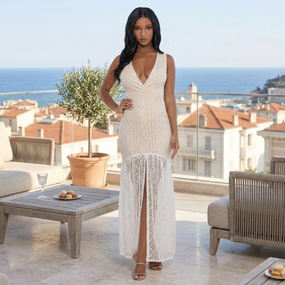 BEBE L/S Hi Low Lace Maxi Dress - White/Beige / Small - Picture 2 of 3